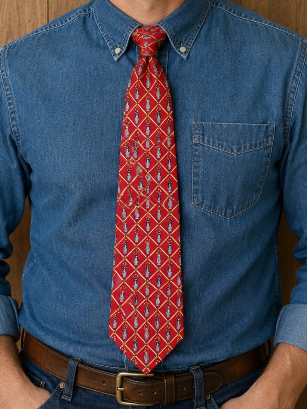 Red silk necktie golf bag clubs golfer